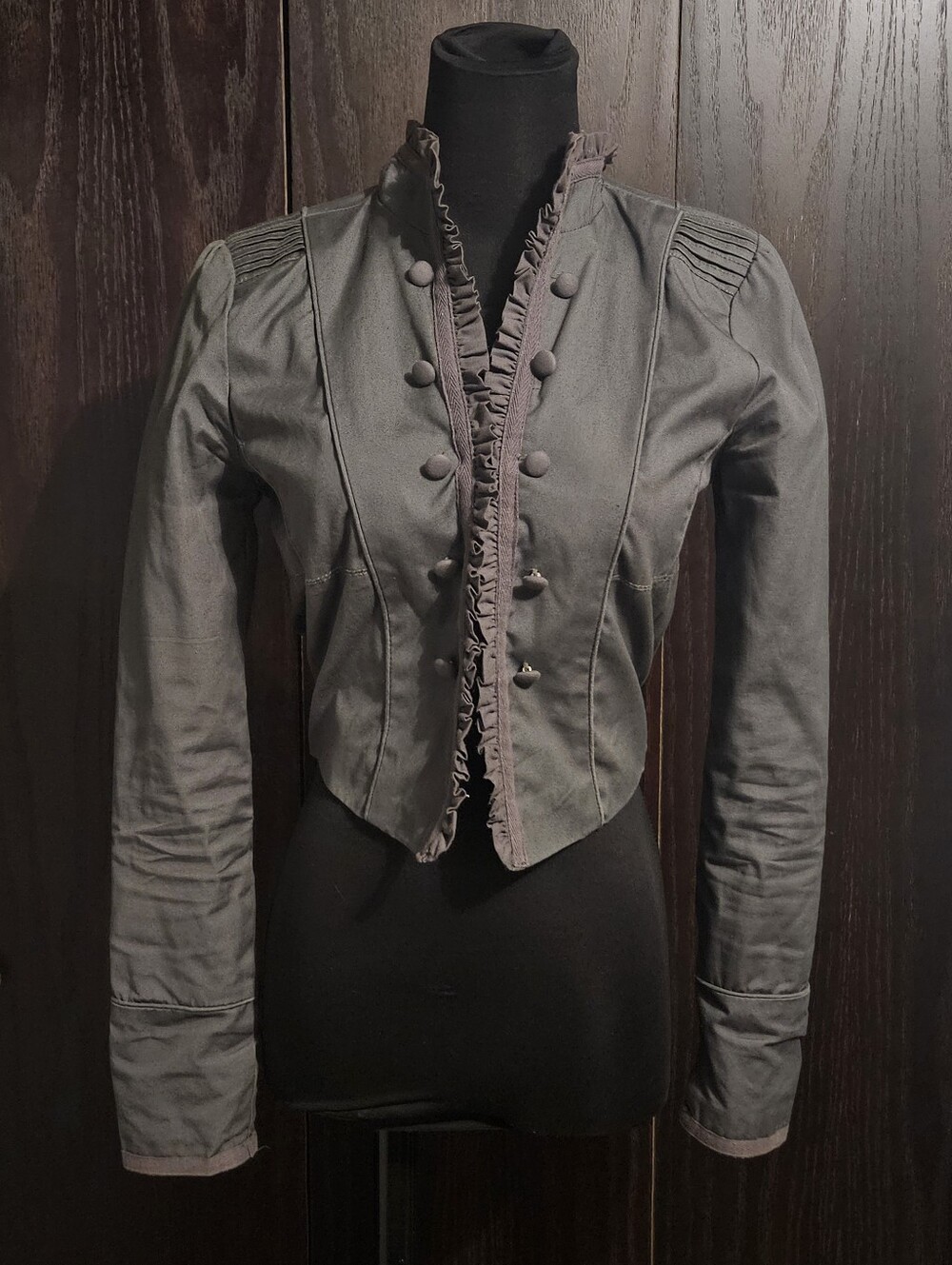 Grey Napoleon Frilly Short Battle Jacket with Buckles